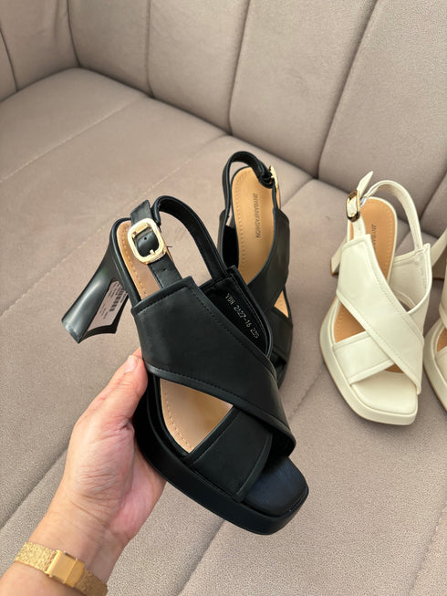 Women Peep Toe Cross Buckle Straps Block Heels